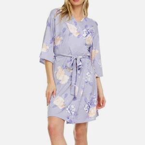 Flora Nikrooz light purple floral patterned 3/4 sleeve house robe with tie waist